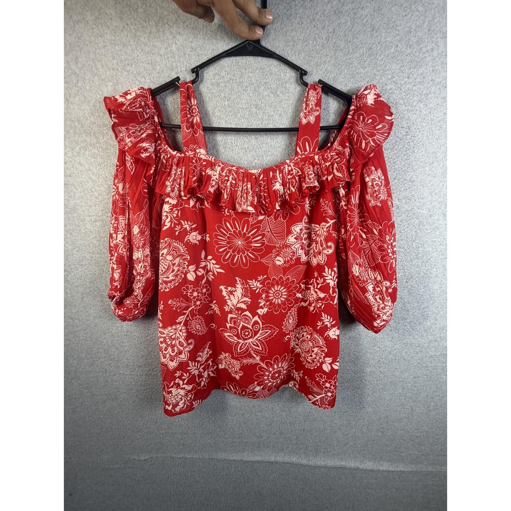 Roz & Ali Blouse Womens XS Red Floral Off Shoulder 3/4 Balloon Sleeve Ruffle